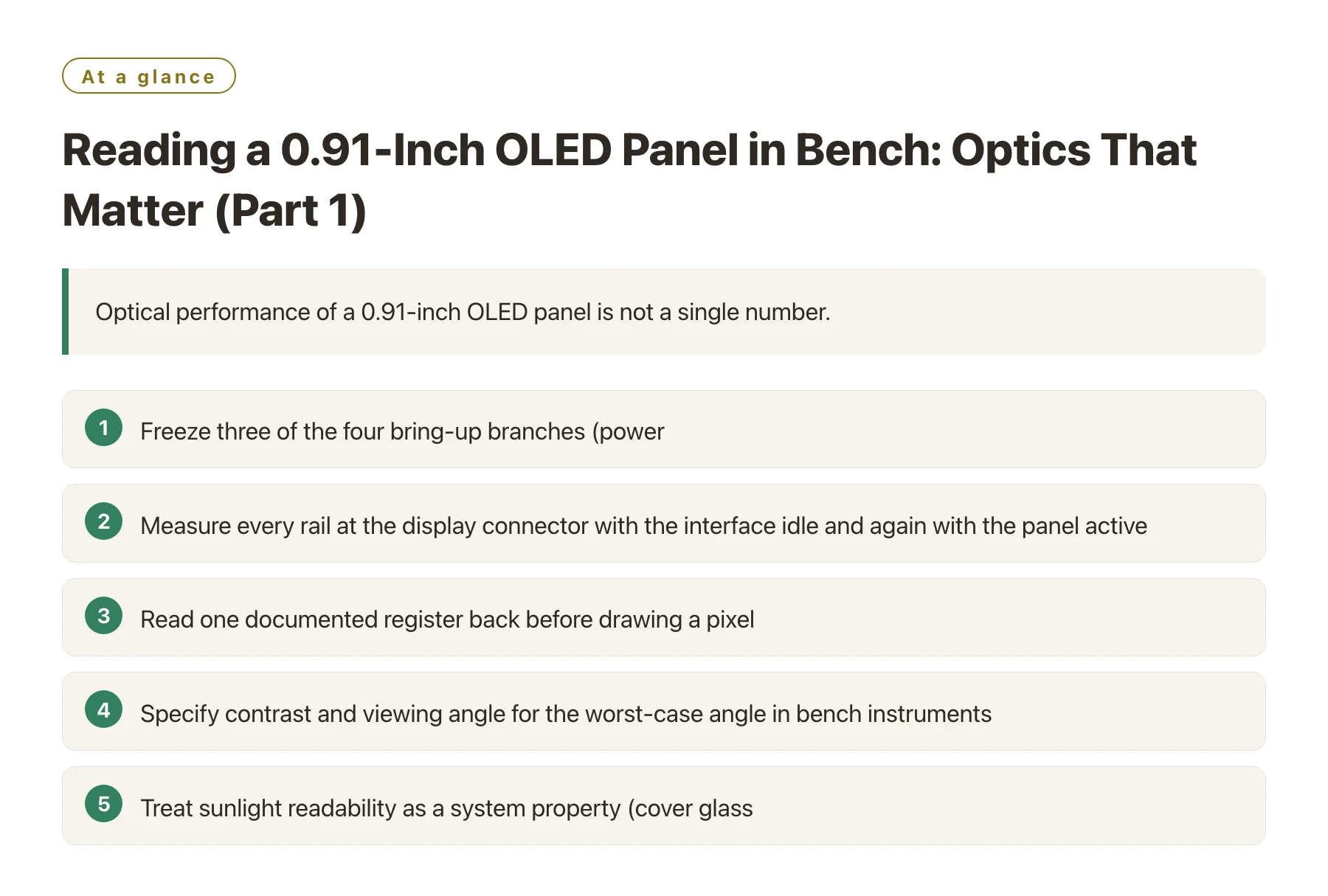 Reading a 0.91-Inch OLED Panel in Bench: Optics That Matter (Part 1)——全文要点速览